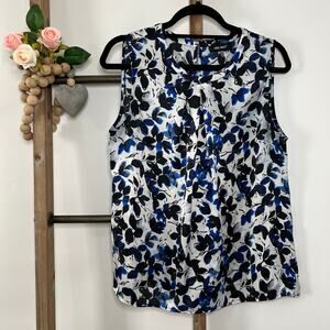 Nine West Sleeveless Blue Black White‎ Flower Blouse Size Large